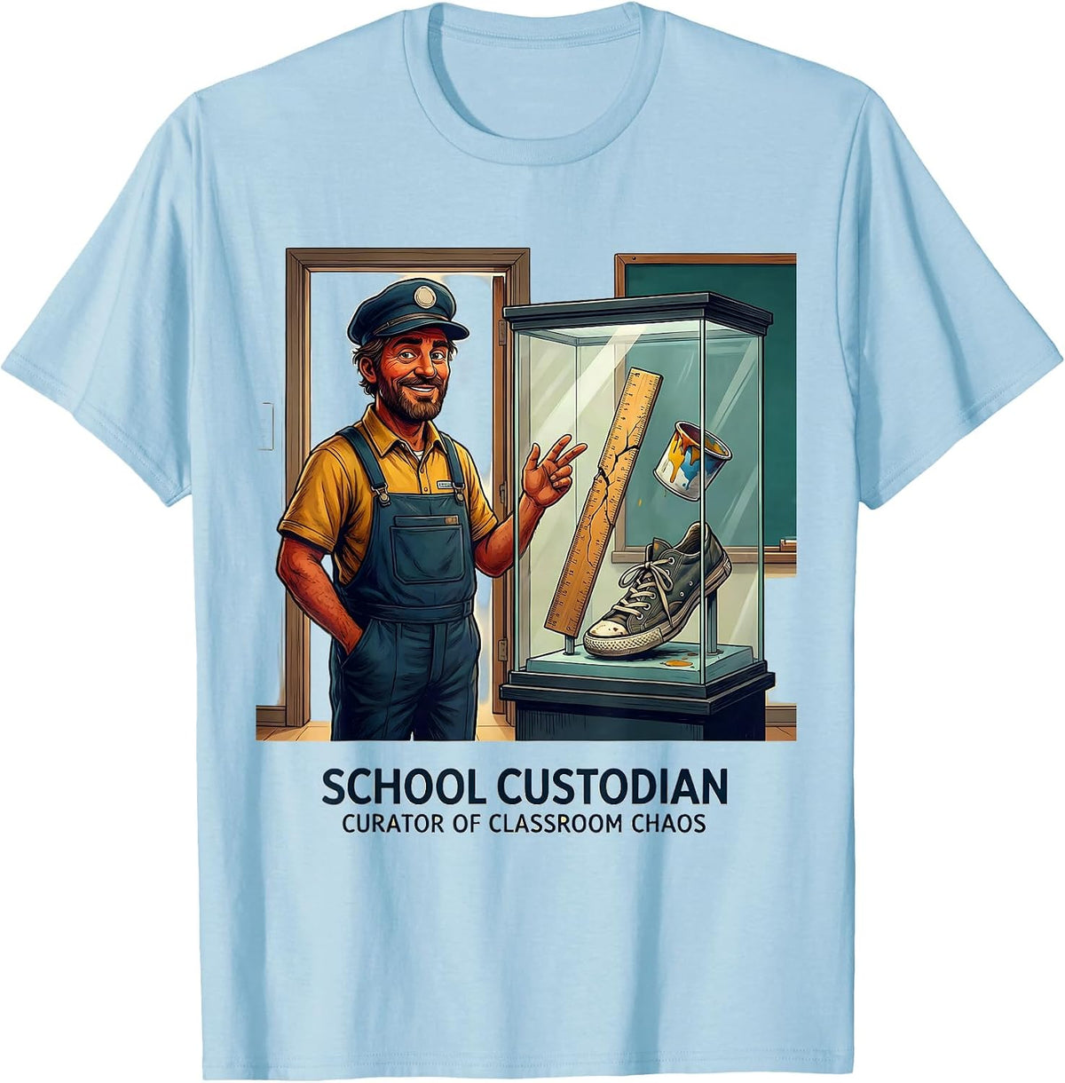 Men's School Custodian, Curator of Classroom Chaos Funny T-Shirt - Baby Blue