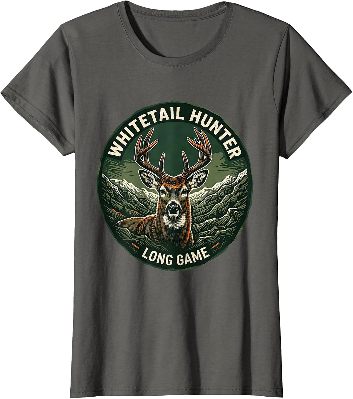 Women's Whitetail Hunter Long Game Linocut Camo Dad Hunting T-Shirt - Asphalt Grey