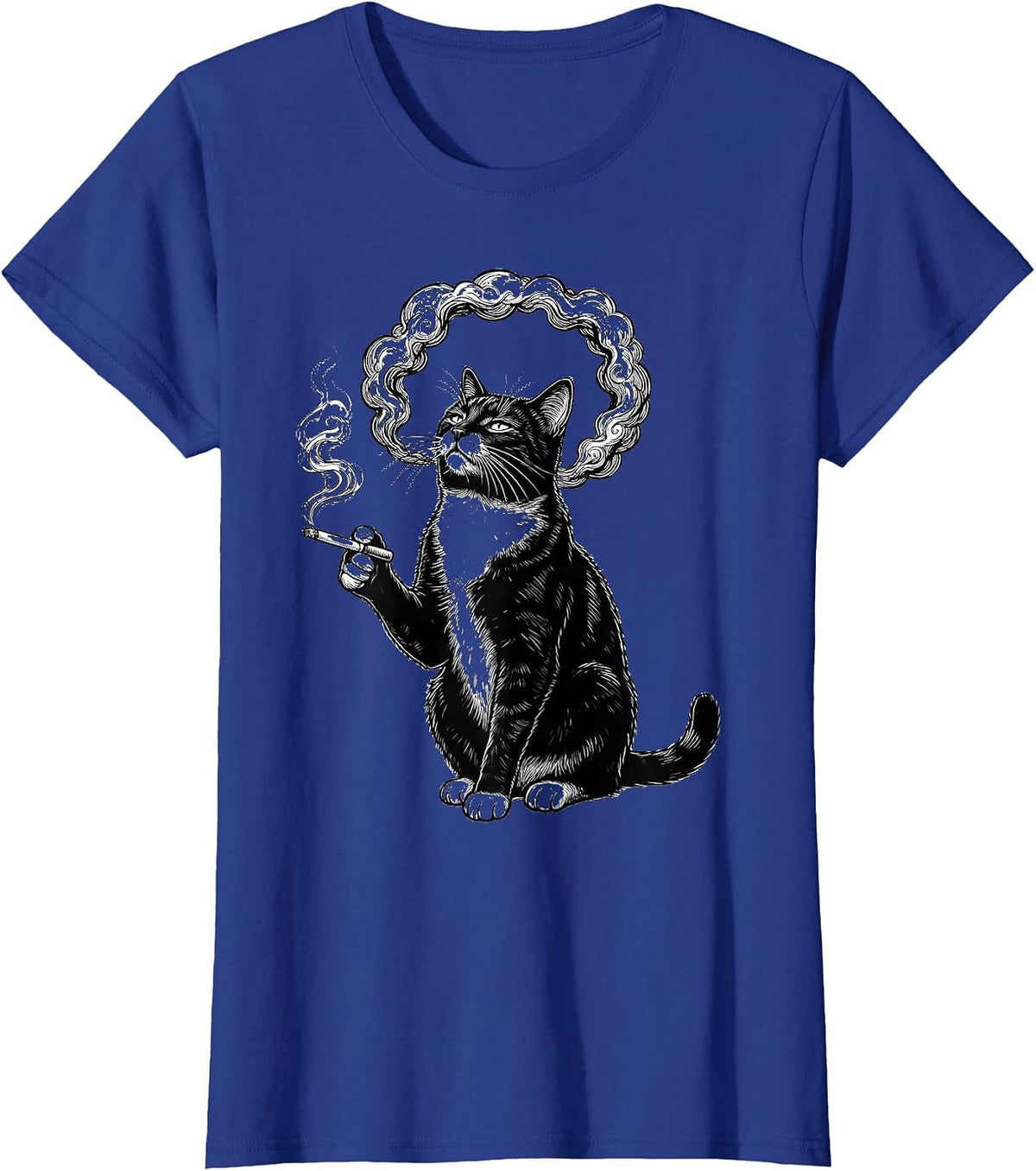 Women's Tuxedo Cat Smoking a Ring of Smoke T-Shirt - Royal Blue