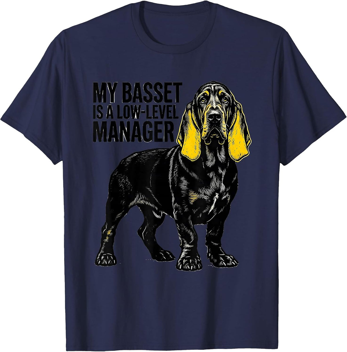 Men's My Basset Is A Low-Level Manager Funny Basset Hound Dog T-Shirt - Navy Blue