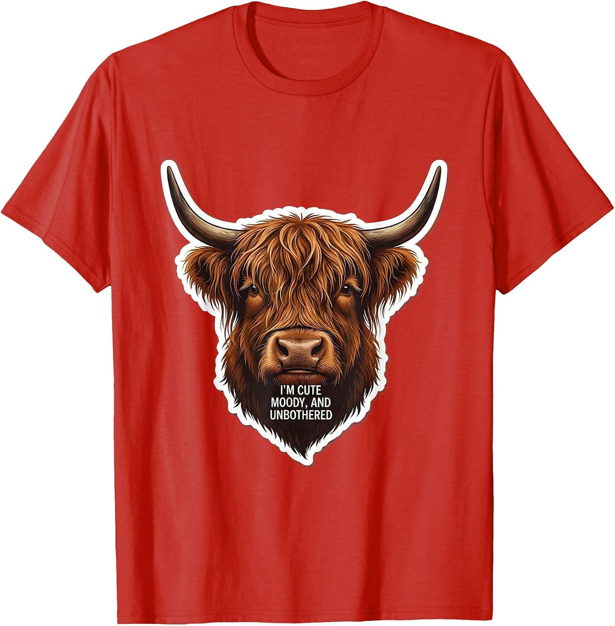 Men's I’m Cute Moody And Unbothered Highland Cow Character T-Shirt - Red