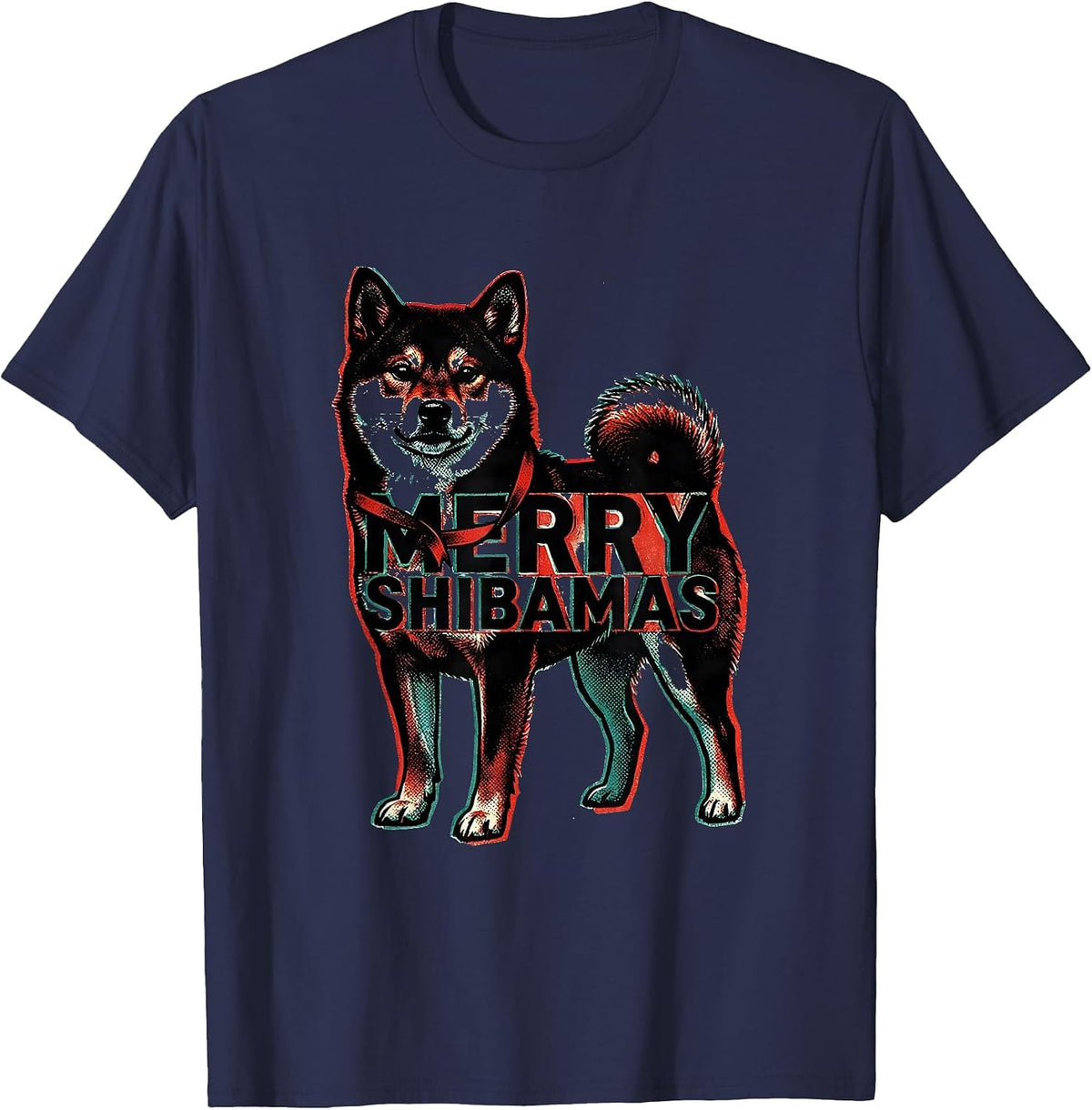 Men's Merry Shibamas Risograph Funny Shiba Inu Christmas Dog Lover T-Shirt - Navy Blue