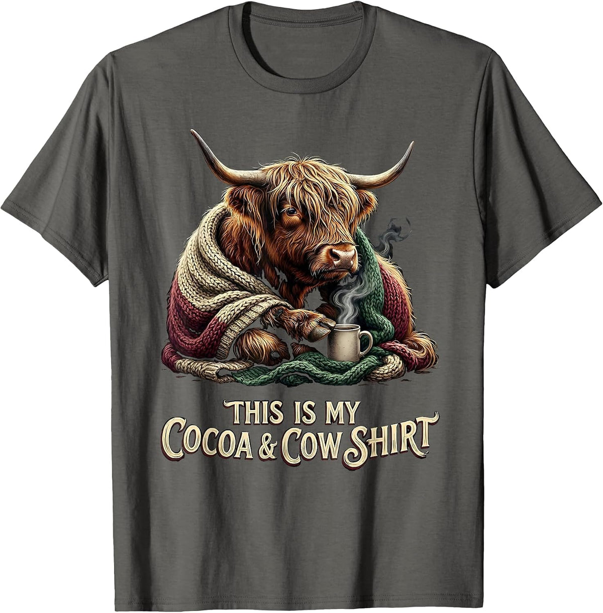 This Is My Cocoa & Cow Shirt Funny Highland Cow Christmas T-Shirt - Asphalt Grey