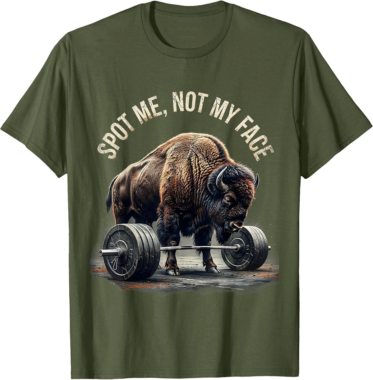 Spot Me Not My Face Distressed Funny Gym Weightlifting T-Shirt - Olive Green