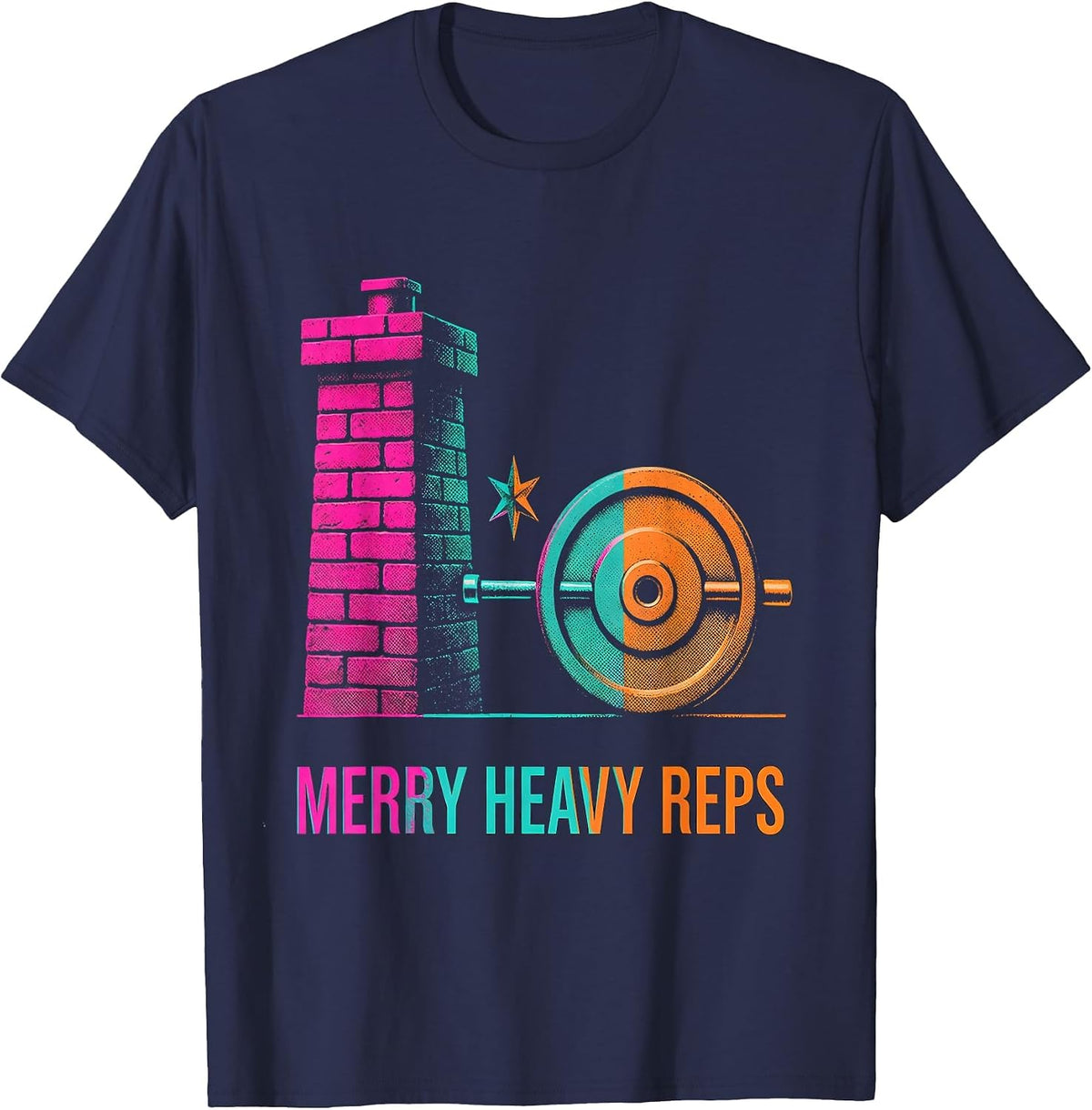 Men's Merry Heavy Reps Risograph Funny Christmas Gym Workout T-Shirt - Navy Blue