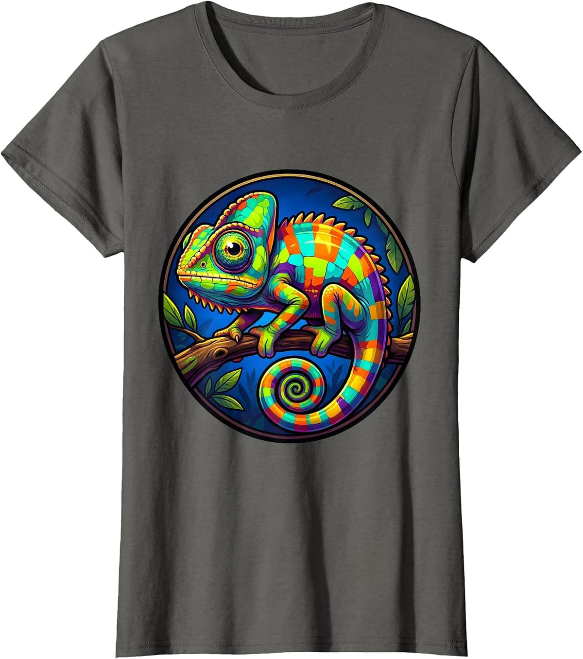 Women's Vivid Chameleon on Branch Animal Kingdom Art T-Shirt - Asphalt Grey