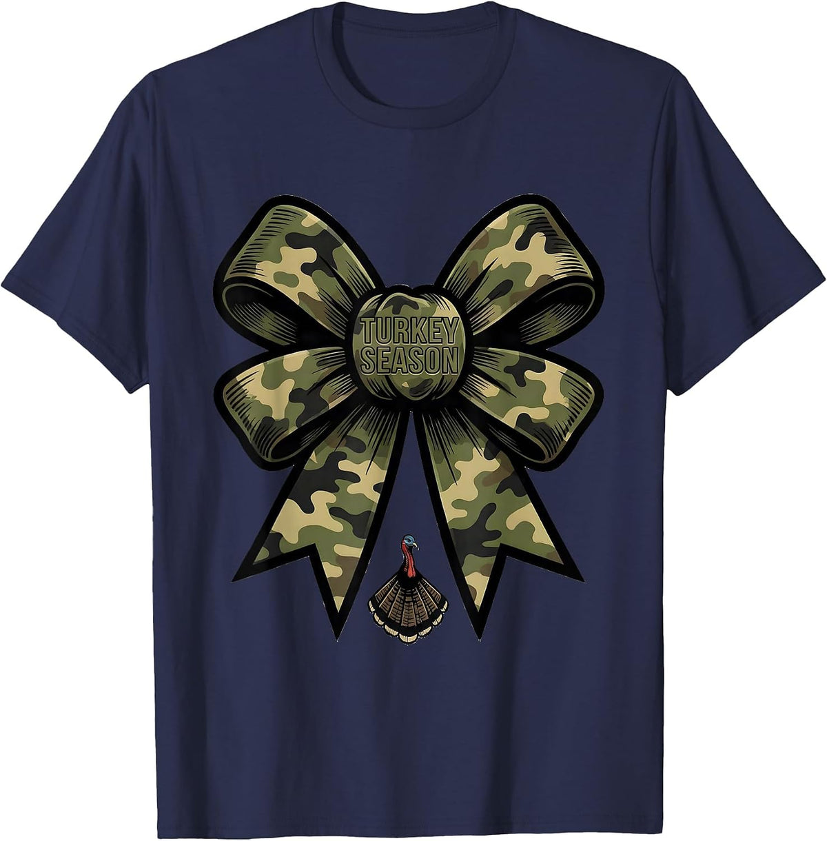 Turkey Season Camo Coquette Bow Hunting Ol' Lady T-Shirt - Navy Blue