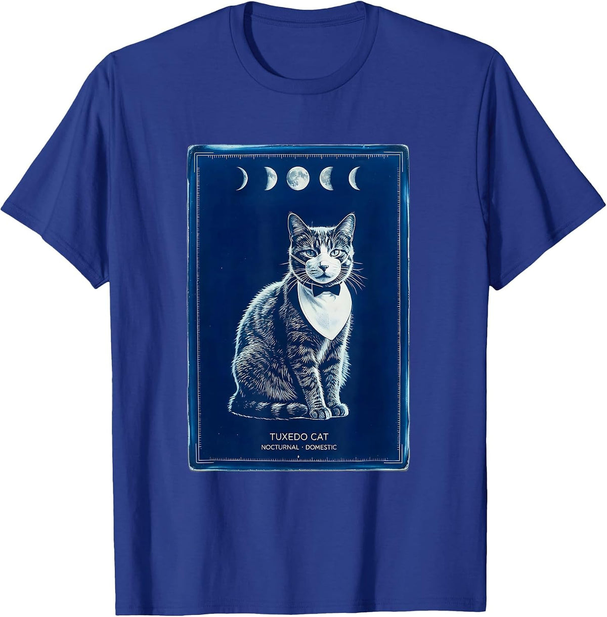 Tuxedo Cat Nocturnal Domestic 90s Retro Moonlit Portrait T-Shirt - Royal Blue