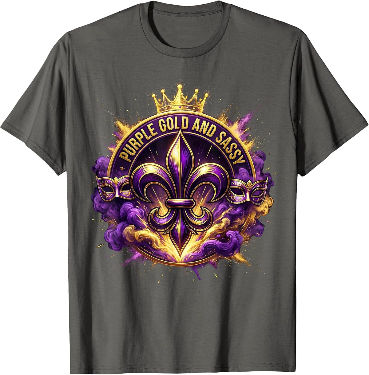 Purple Gold and Sassy Mardi Gras Design T-Shirt - Asphalt Grey