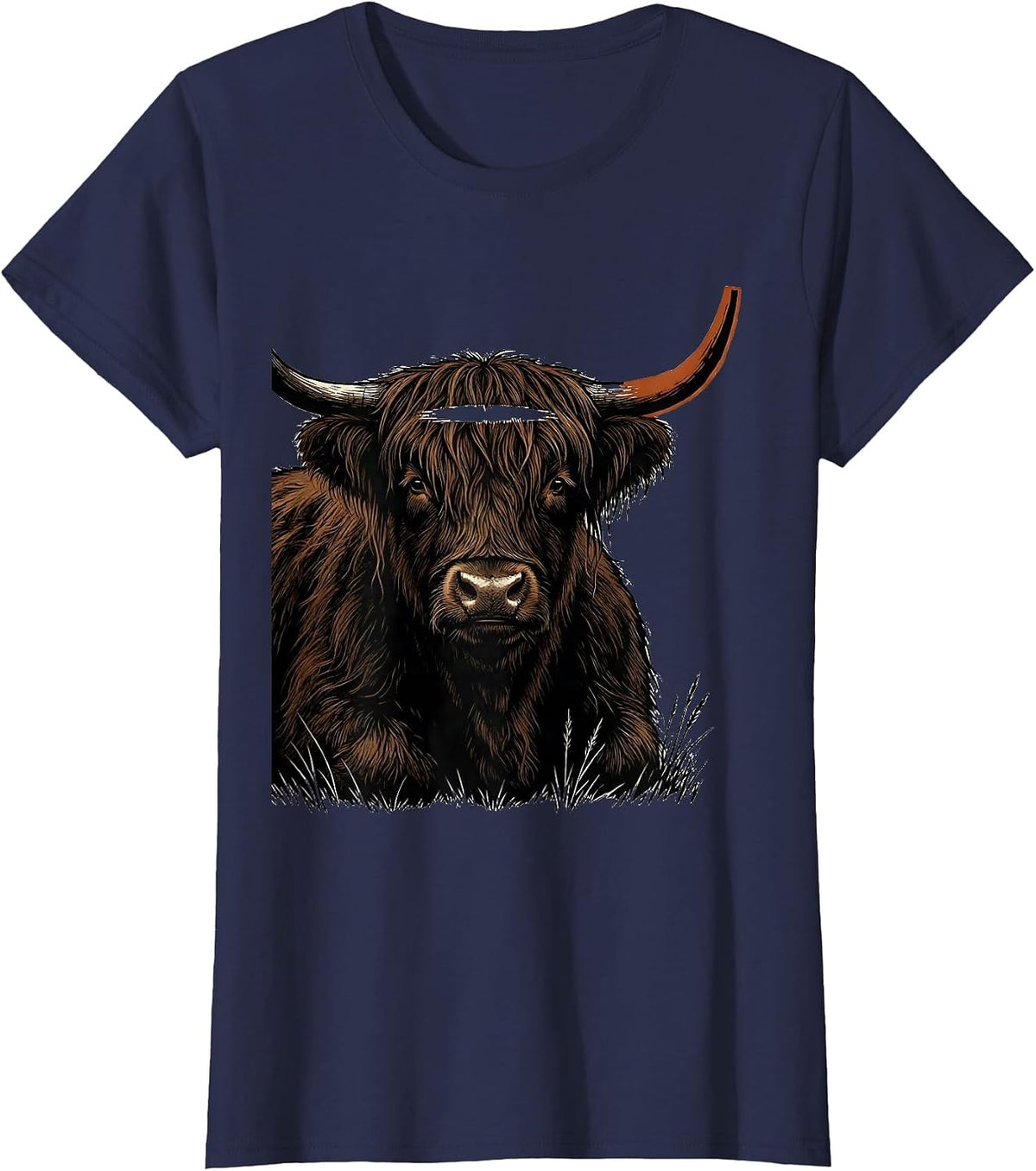 Women's Highland Cow Silhouette Linocut Cute Cow Lover Art T-Shirt - Navy Blue