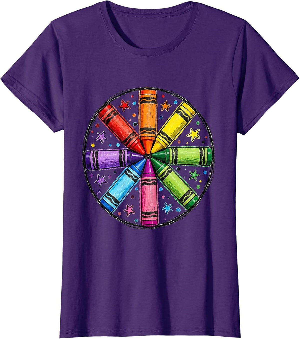 Women's Crayon Color Wheel Mandala Art Design T-Shirt - Purple