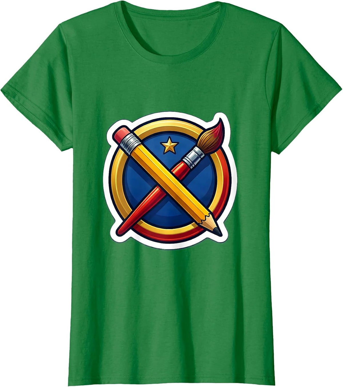 Pencil and Paintbrush Crossed Like Swords Art T-Shirt - Kelly Green
