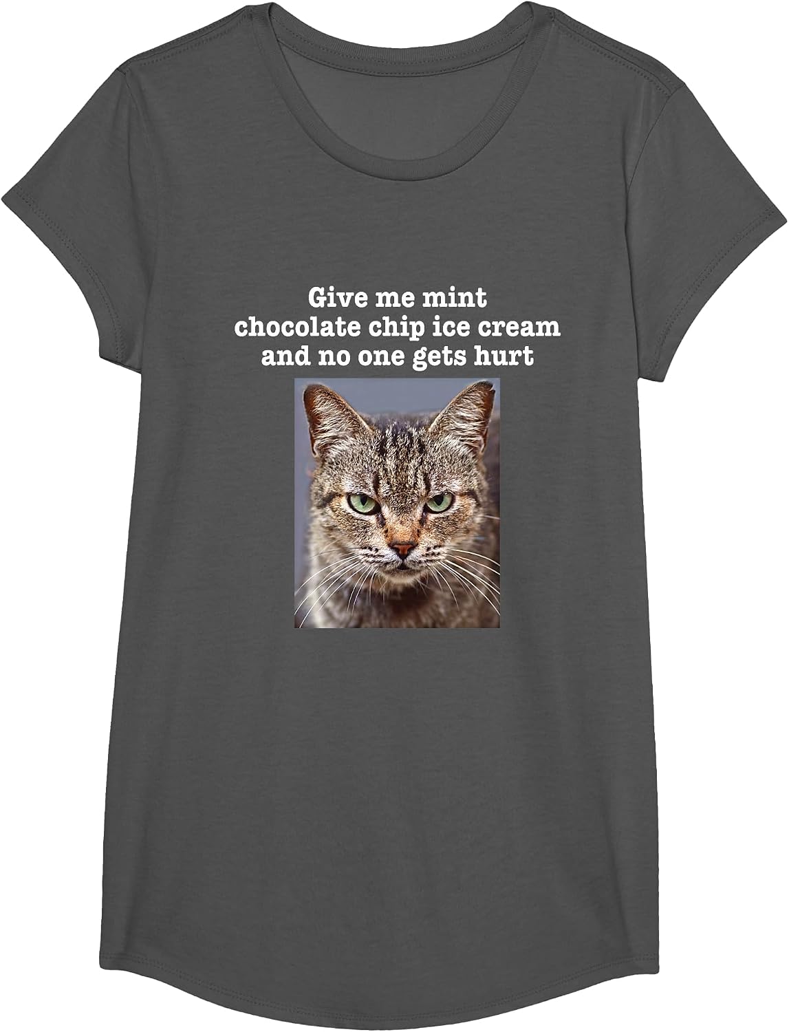 Funny Sarcastic Gray Tabby Cat Mint Chocolate Chip Ice Cream T-Shirt - Girls Asphalt Grey