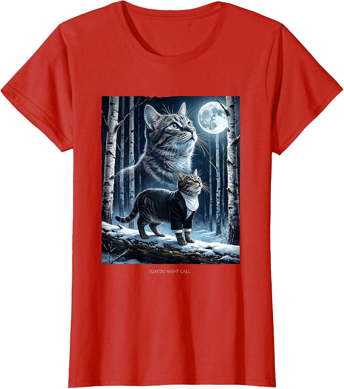 Tuxedo Night Call 90s Retro Tuxedo Cat Portrait T-Shirt - Red