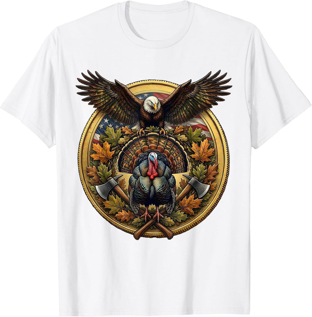 Men's Turkey Strutting Camo Leaf Scatter Hunting Design T-Shirt - White