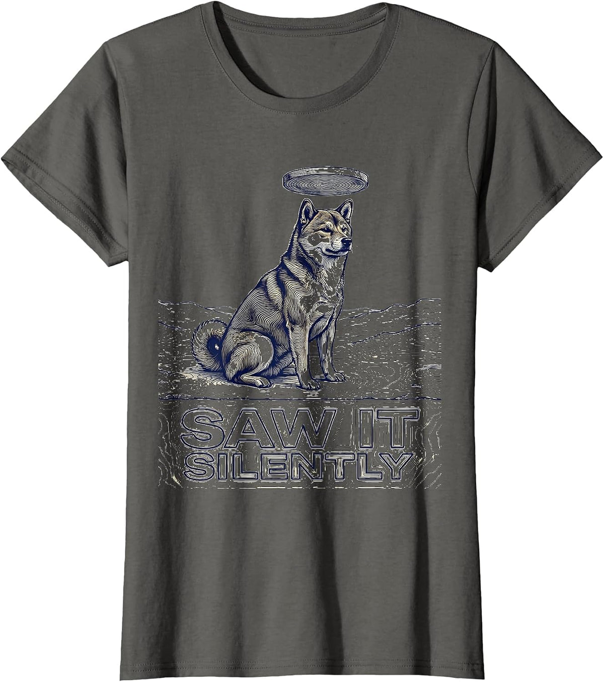 Women's Saw It Silently Shiba Inu UFO Alien Novelty Gift T-Shirt - Asphalt Grey