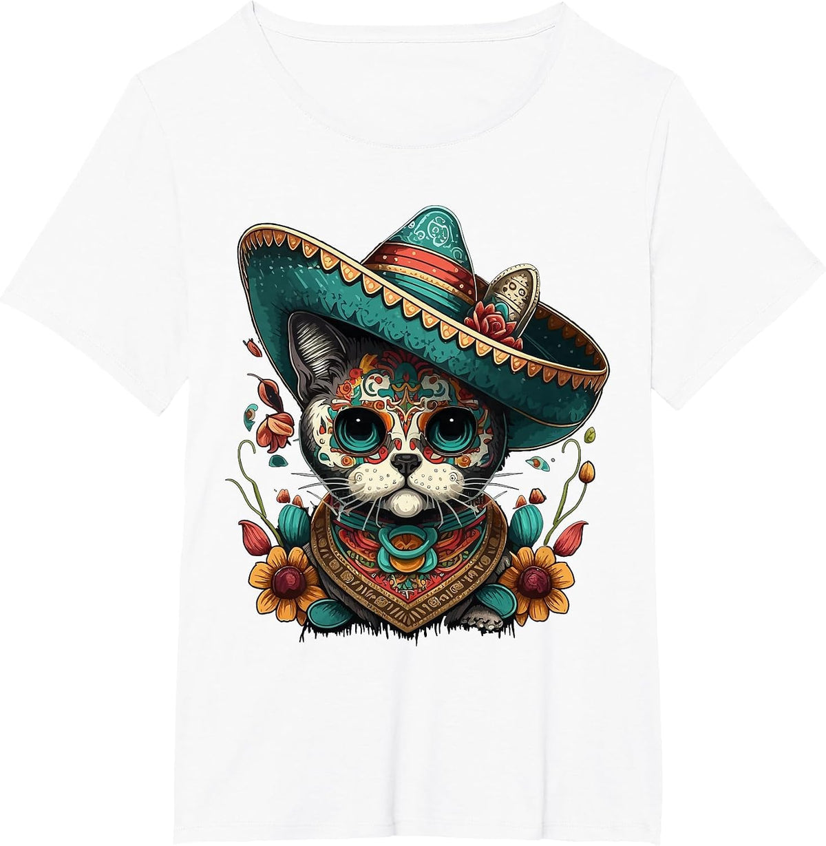 Mexican Cinco De Mayo Sugar Skull Sombrero Cat T-Shirt - White