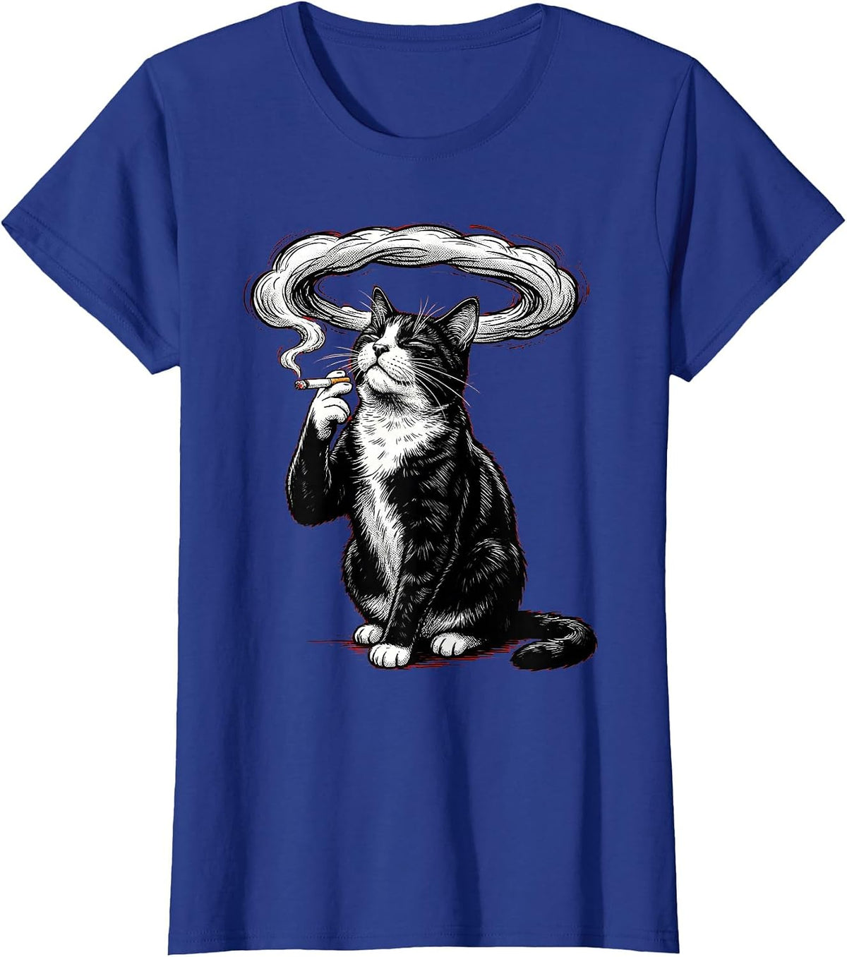 Women's Tuxedo Cat Smoking Dramatic Smoke Ring Art T-Shirt - Royal Blue