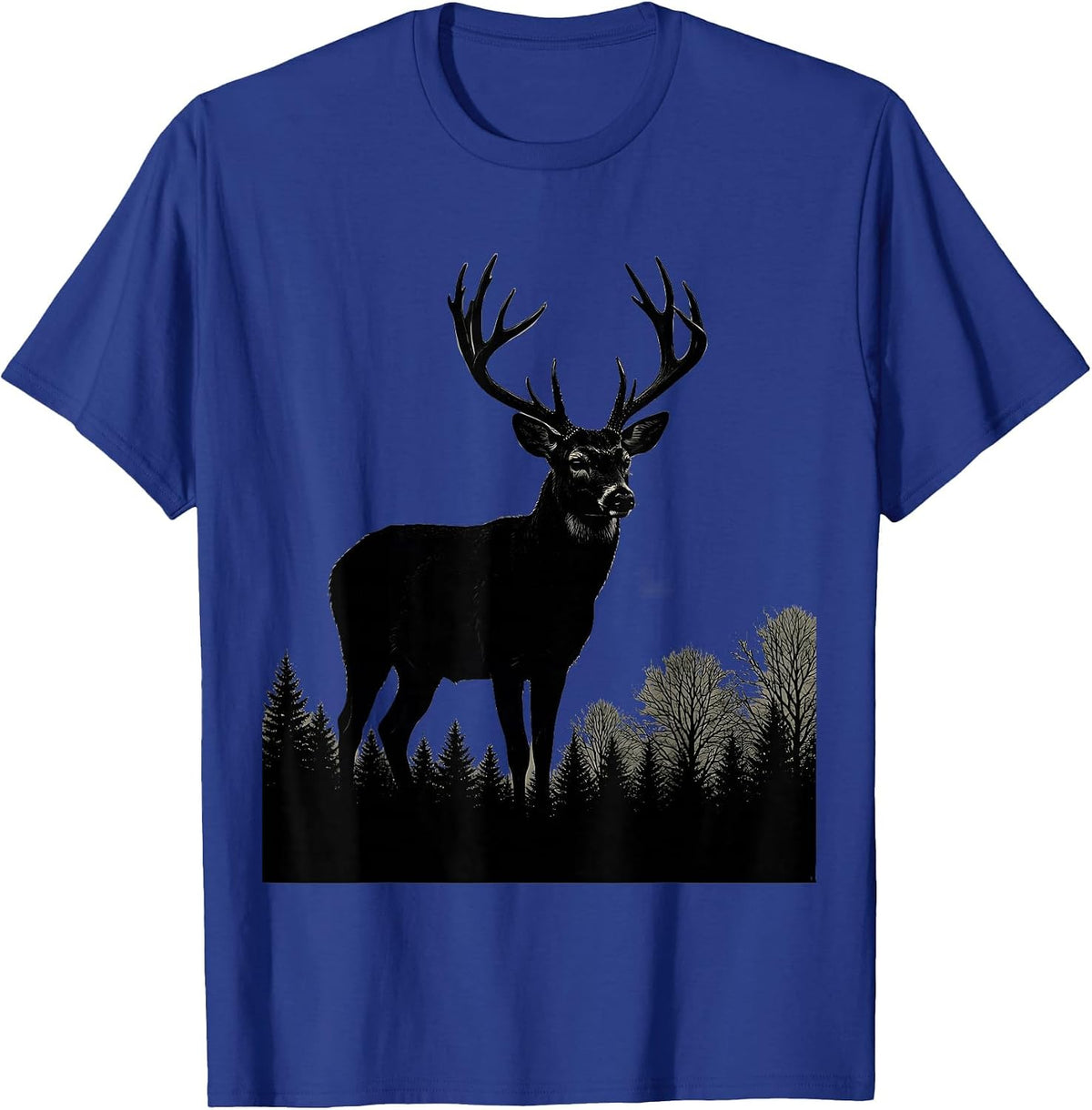 Buck Deer Silhouette Misty Treeline Hunting Design T-Shirt - Royal Blue