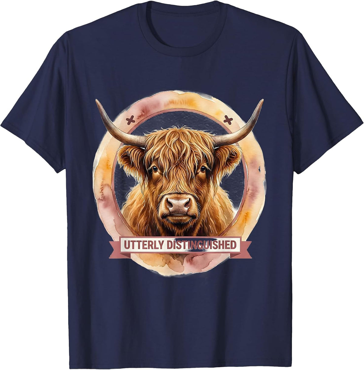 Utterly Distinguished Watercolor Highland Cow Sarcastic T-Shirt - Navy Blue