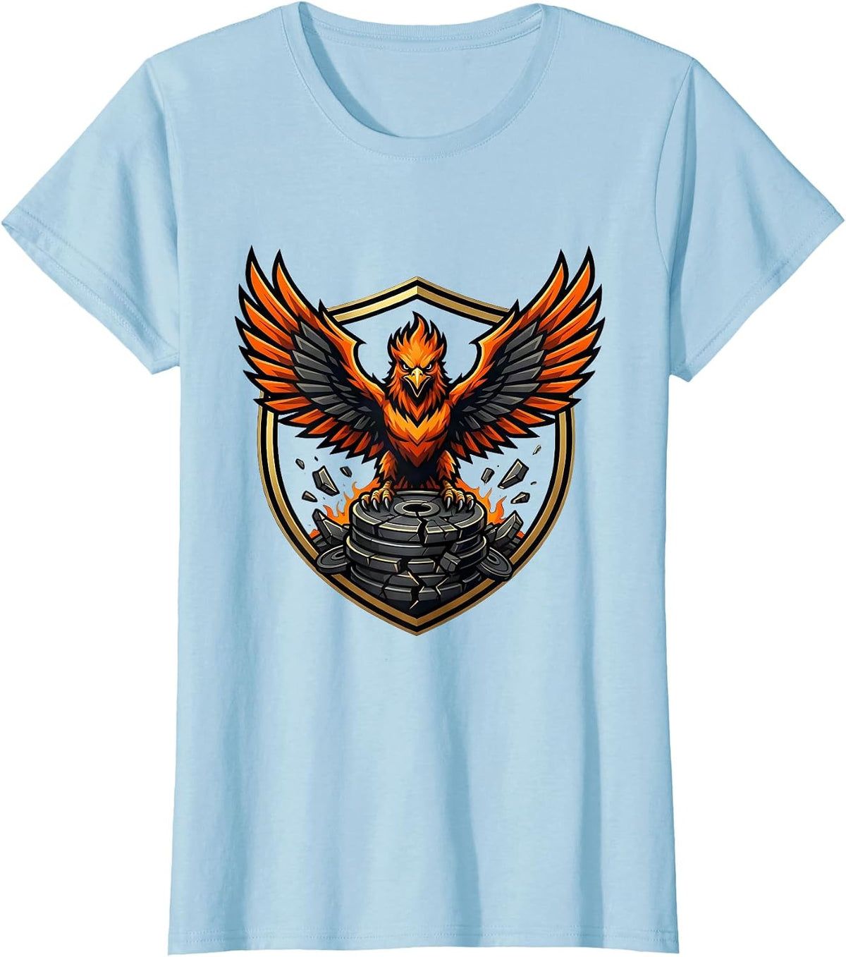 Phoenix Rising From Broken Weights Gym Design T-Shirt - Baby Blue