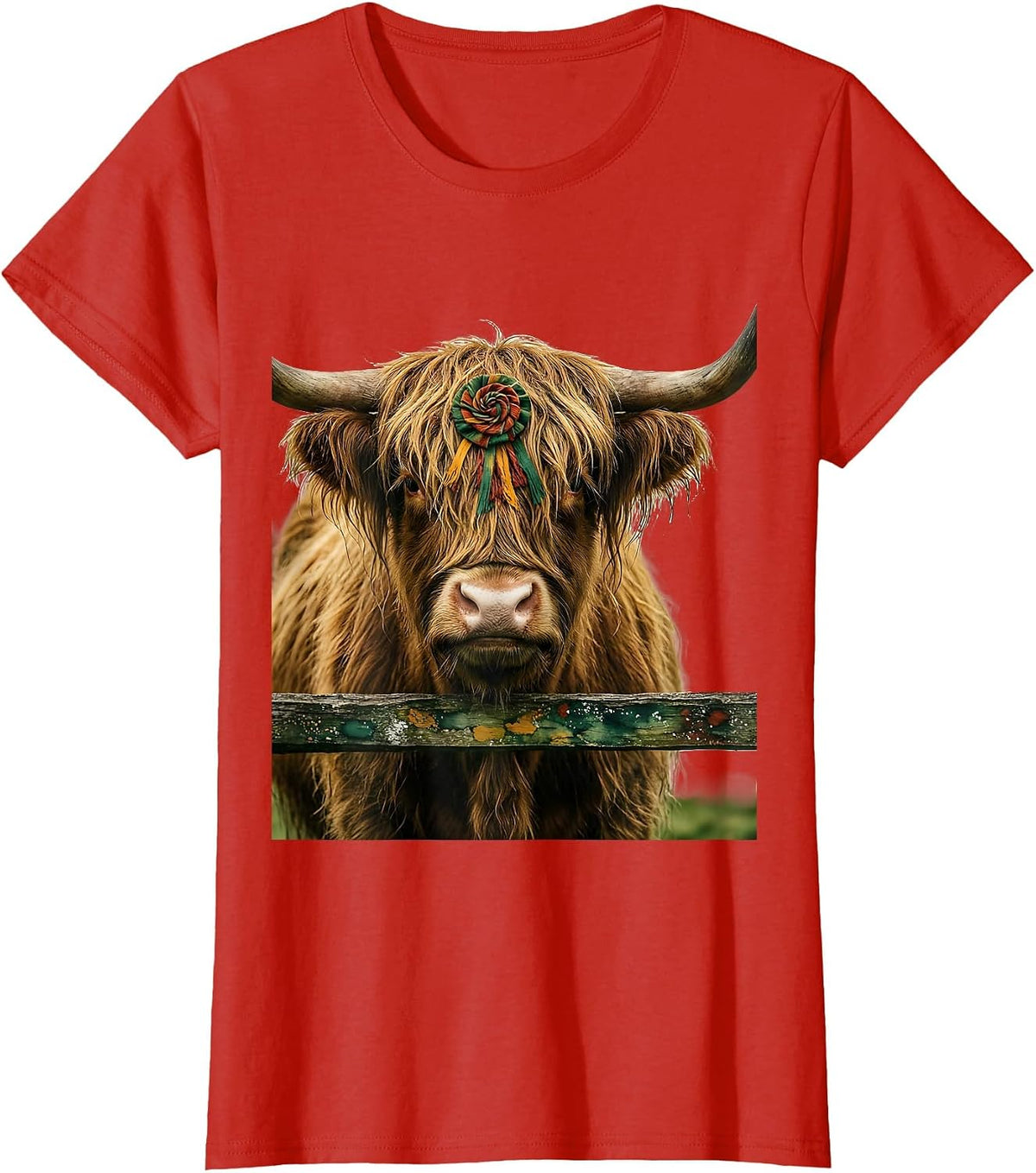 Highland Cow Folk Art Farm Animal Humor T-Shirt - Red