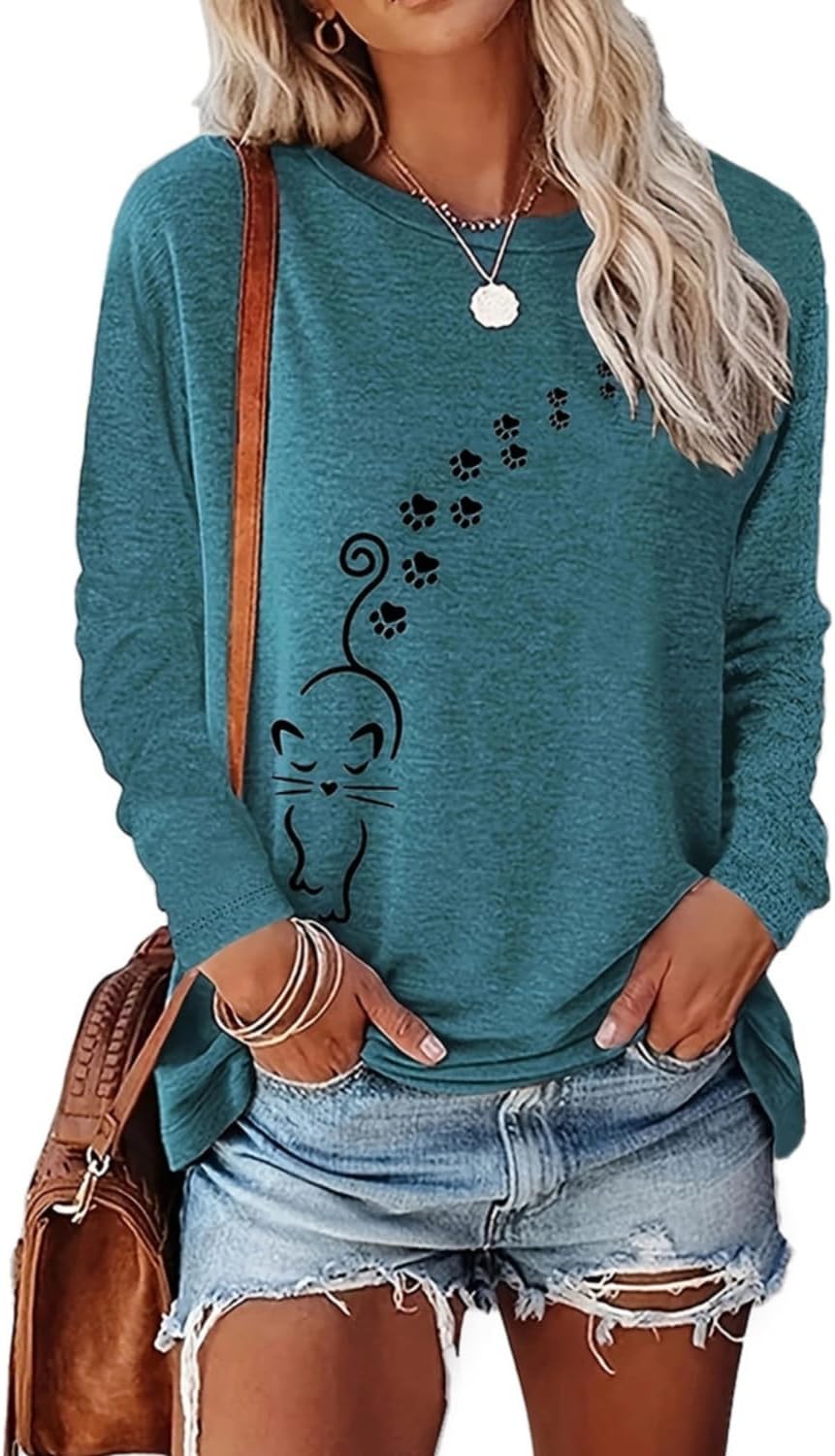 Women's Long Sleeve tees Cat Mom Graphic Tee Shirts Pullover Tops - Peacock Green
