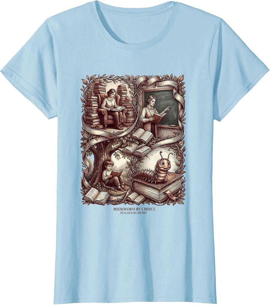 Women's Bookworm By Choice Teacher By Heart Design T-Shirt - Baby Blue