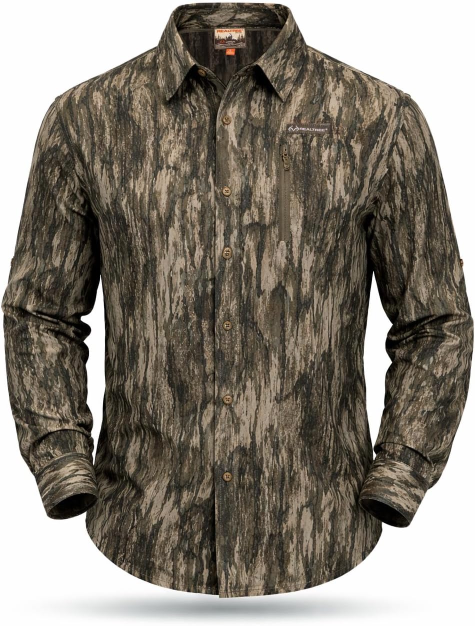 Realtree Men’s Long Sleeve Camo Hunting Shirt - Lightweight Breathable Button Down with UPF 50+ Sun Protection - Legacy Camo