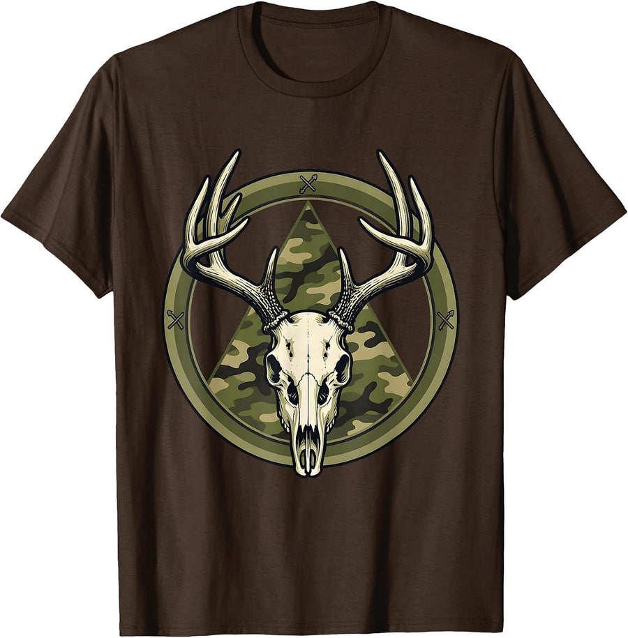 Whitetail Skull Camo Deer Hunting Dad Humor T-Shirt - Brown