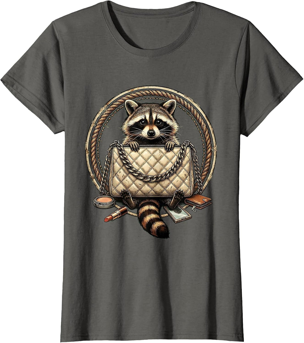 Women's Raccoon Digging Through Designer Purse Funny T-Shirt - Asphalt Grey