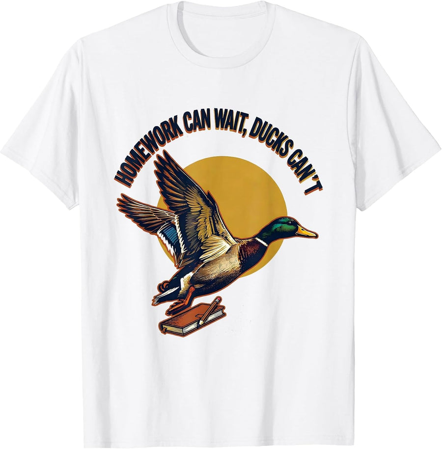 Men's Homework Can Wait, Ducks Can't Funny Hunting Kids Youth T-Shirt - White