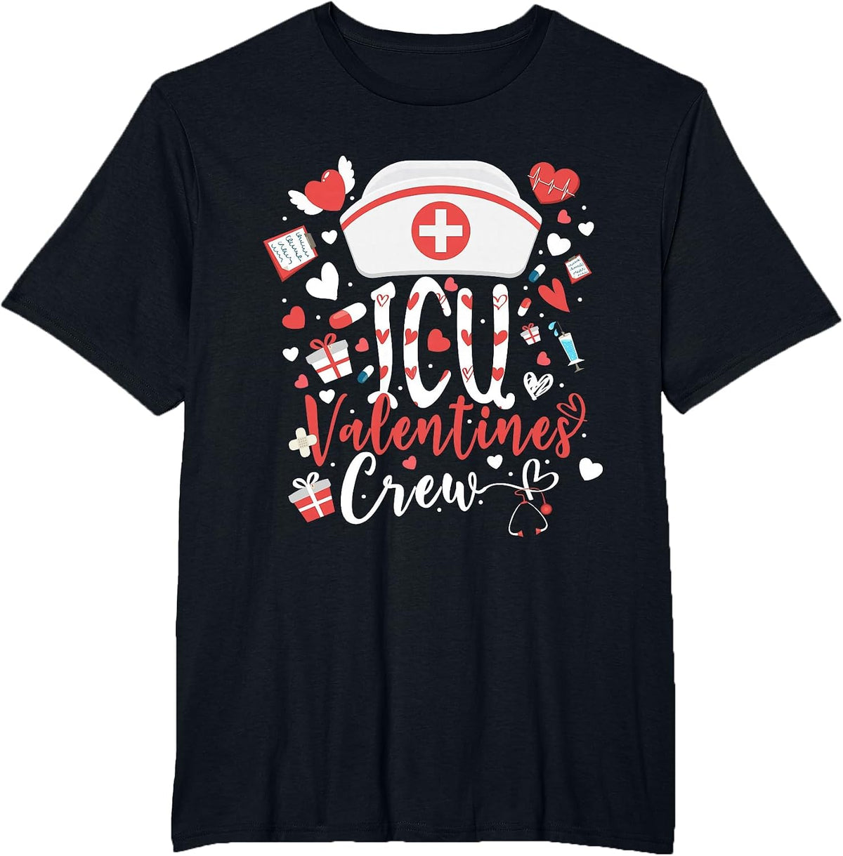 ICU Valentines Nurse Crew Tee Cute Intensive Care Unit Nurse T-Shirt - Black