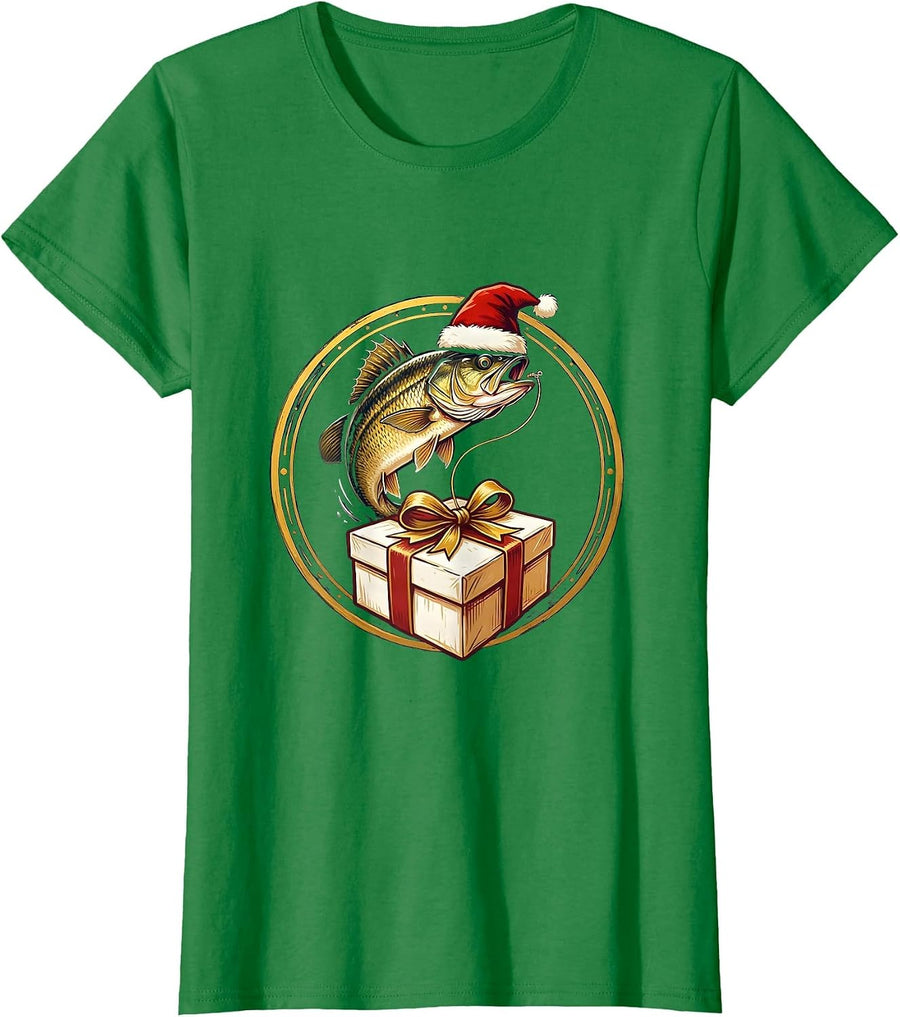 Women's Sealed Bass Gift Badge Christmas Fishing Dad Humor T-Shirt - Kelly Green