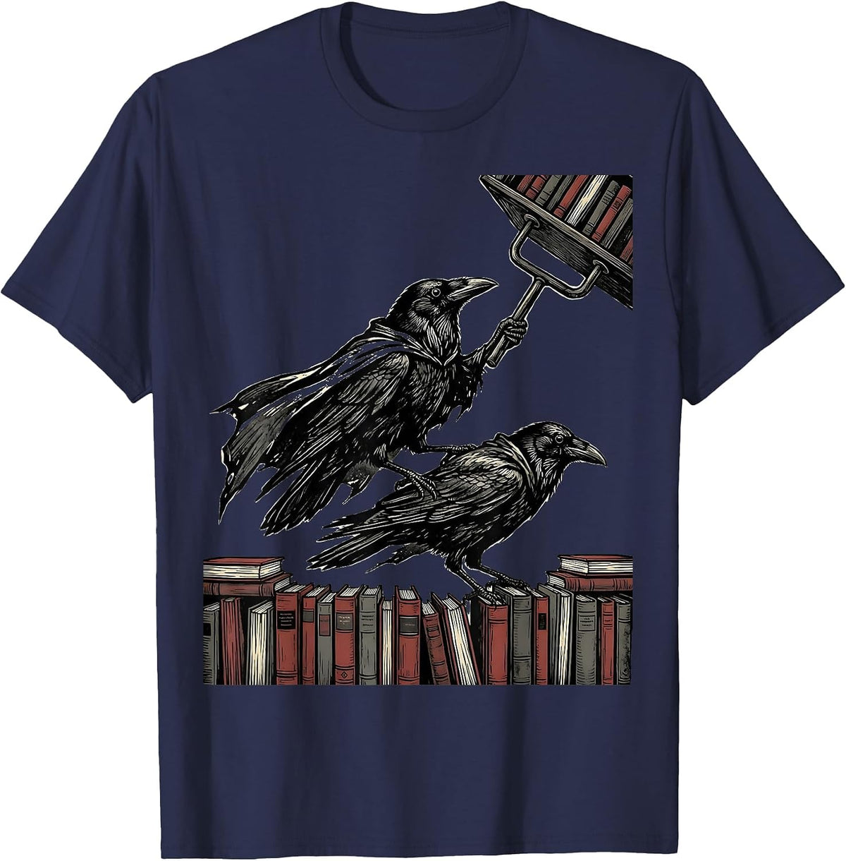 Men's Caped Crows Linocut Teacher Back-To-School Humor T-Shirt - Navy Blue