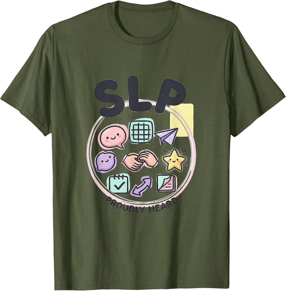 Men's SLP Proudly Heard Kawaii Doodle Speech Language Pathologist T-Shirt - Olive Green