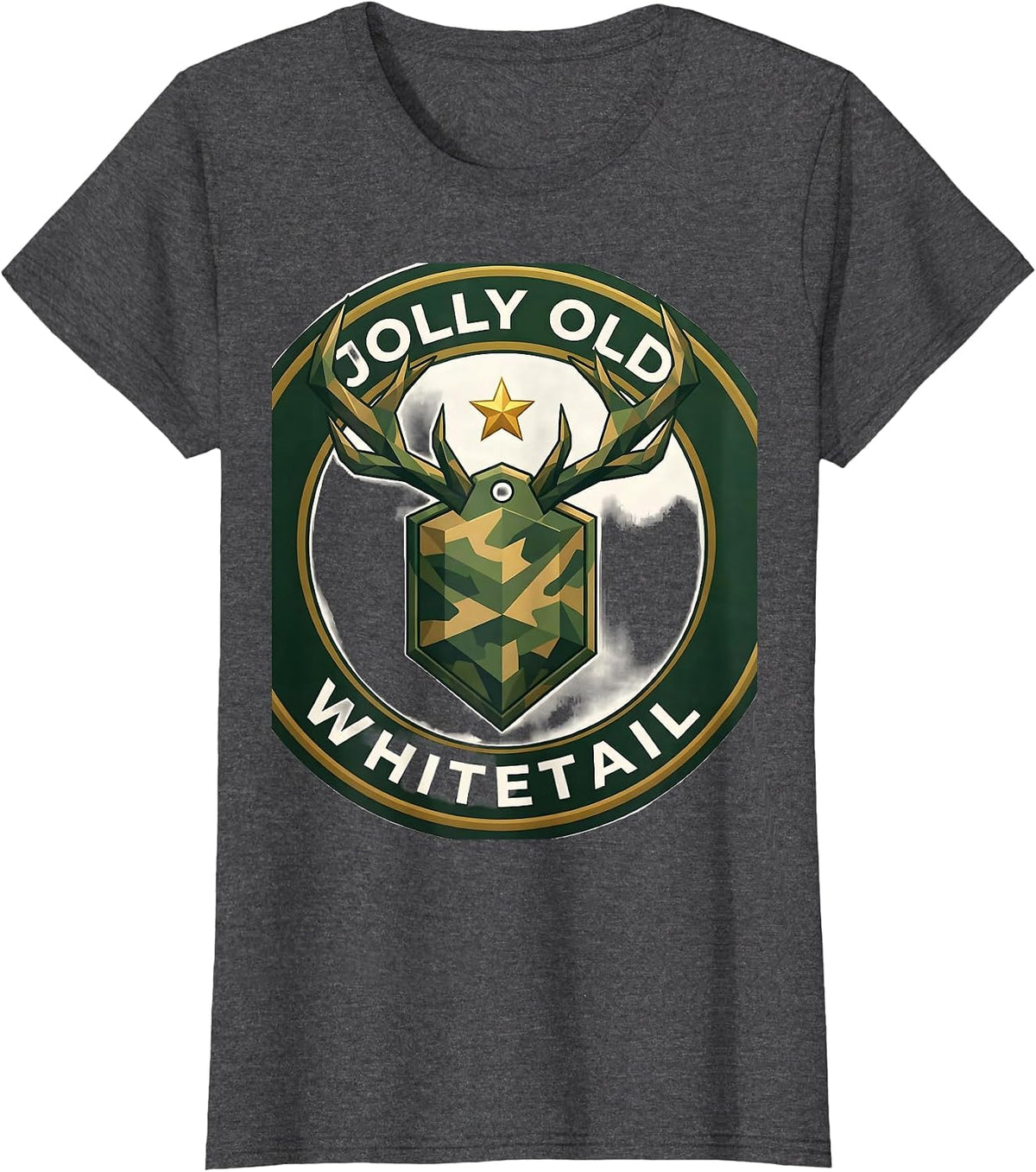 Women's Jolly Old Whitetail Low Poly Deer Hunting Christmas Camo T-Shirt - Dark Heather Grey