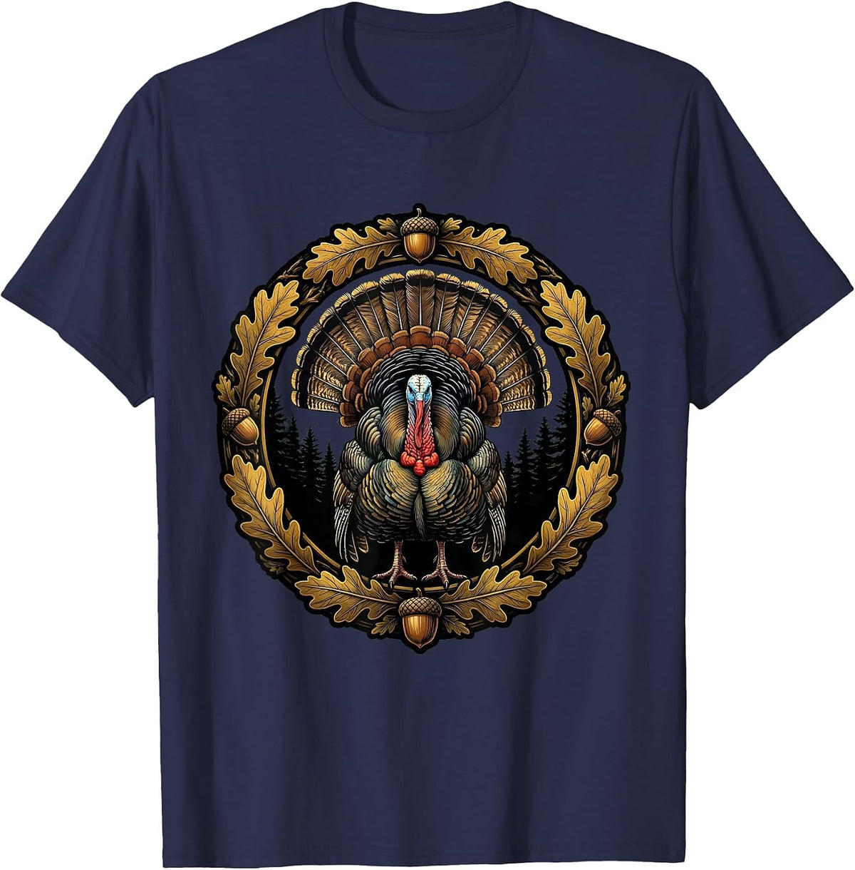 Camo Turkey Strut Forest Wildlife Graphic T-Shirt - Navy Blue