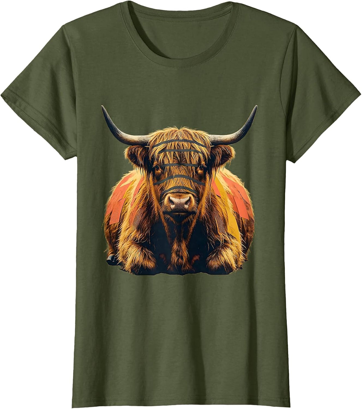 Women's Compact Highland Cow Midcentury Modern Animal Lover Humor T-Shirt - Olive Green