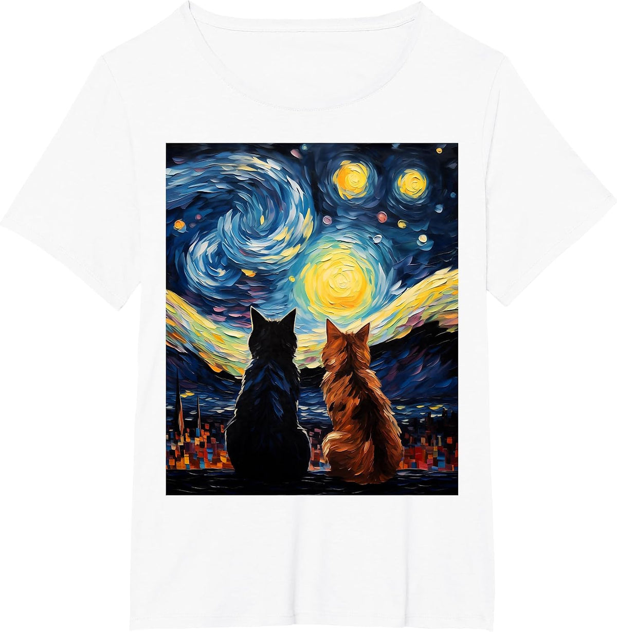 Funny Couples Cats Lover Starry Night Vincent Van Gogh Cat T-Shirt - White