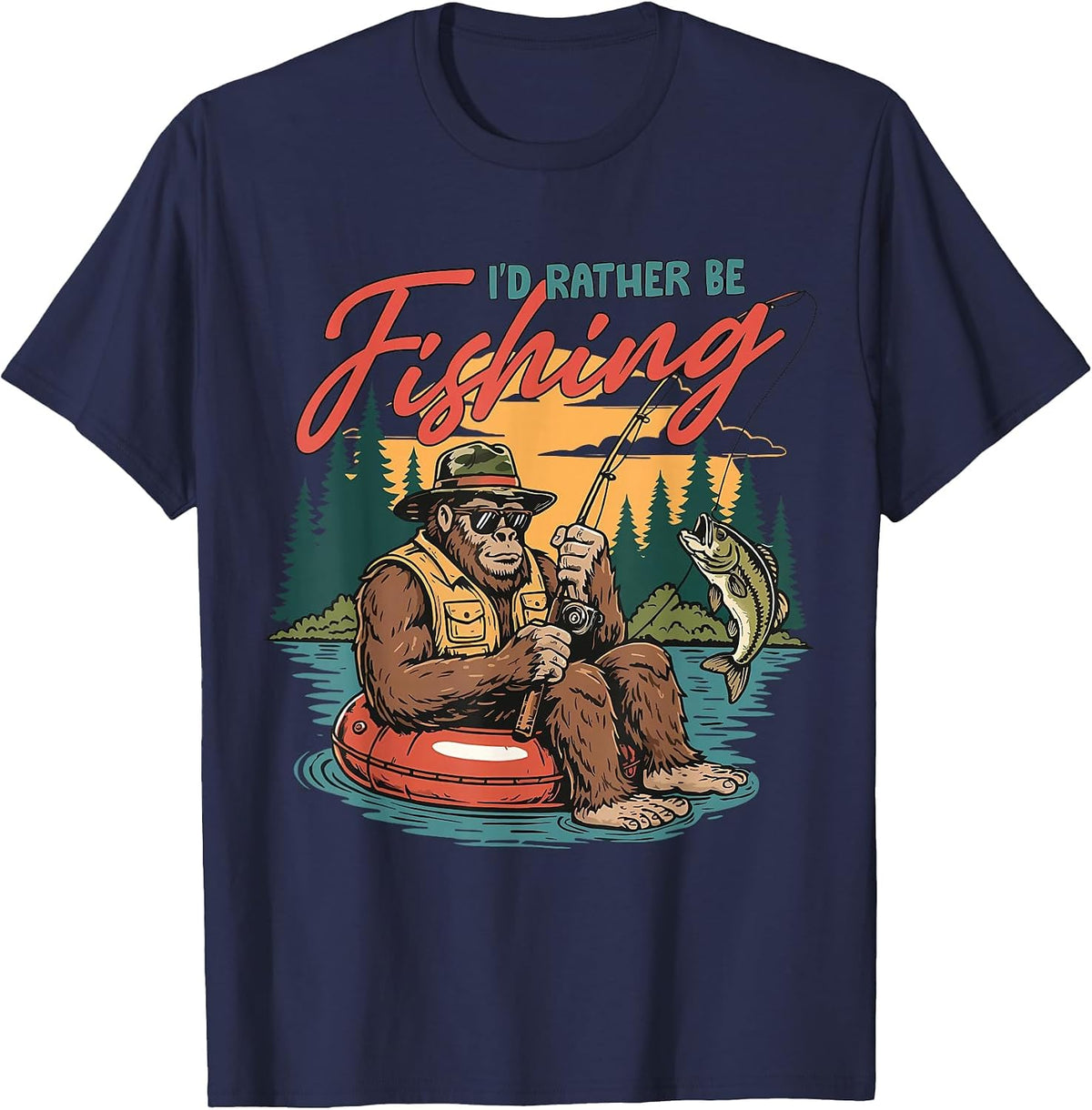 I’d Rather Be Fishing Bigfoot Funny Fisherman Sasquatch Bass T-Shirt - Navy Blue