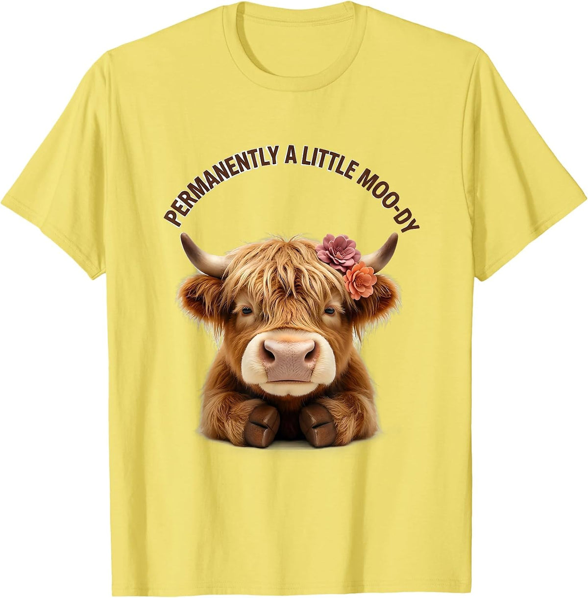 Men's Permanently A Little Moo-dy Cute Kawaii Highland Cow Humor T-Shirt - Lemon Yellow