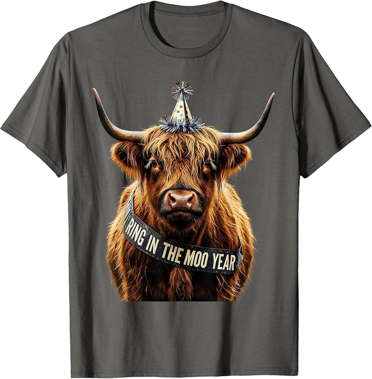 Ring In The Moo Year Funny Highland Cow Holiday Humor T-Shirt - Asphalt Grey