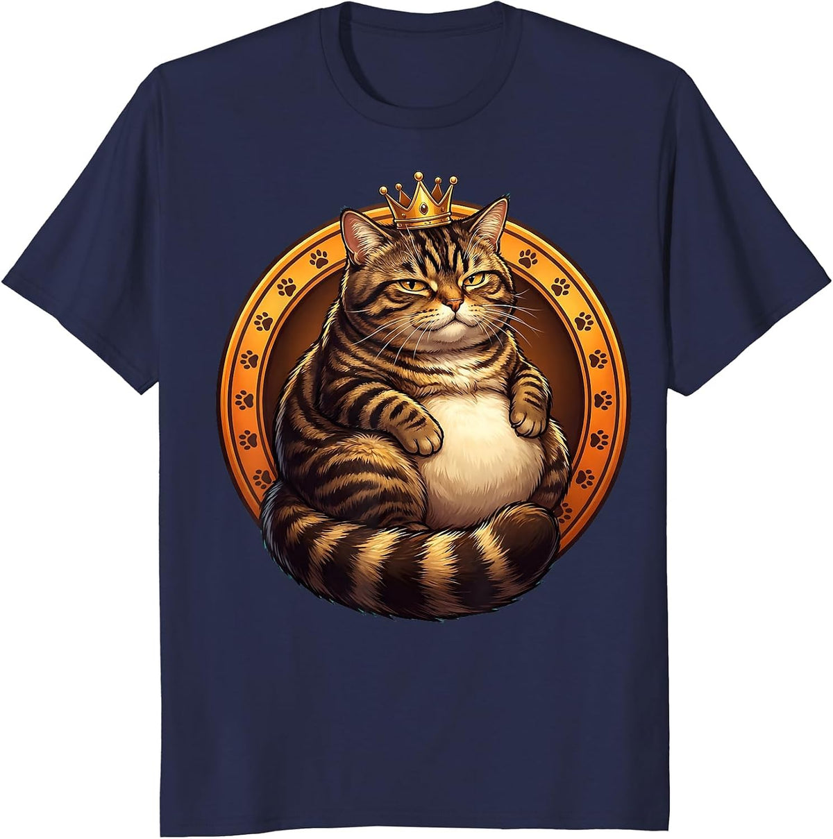 Fat Tabby Cat Wearing Tiny Crown Illustration T-Shirt - Navy Blue