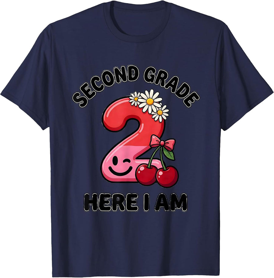 Second Grade Here I Am Retro Daisy Cherry First Day School T-Shirt - Navy Blue