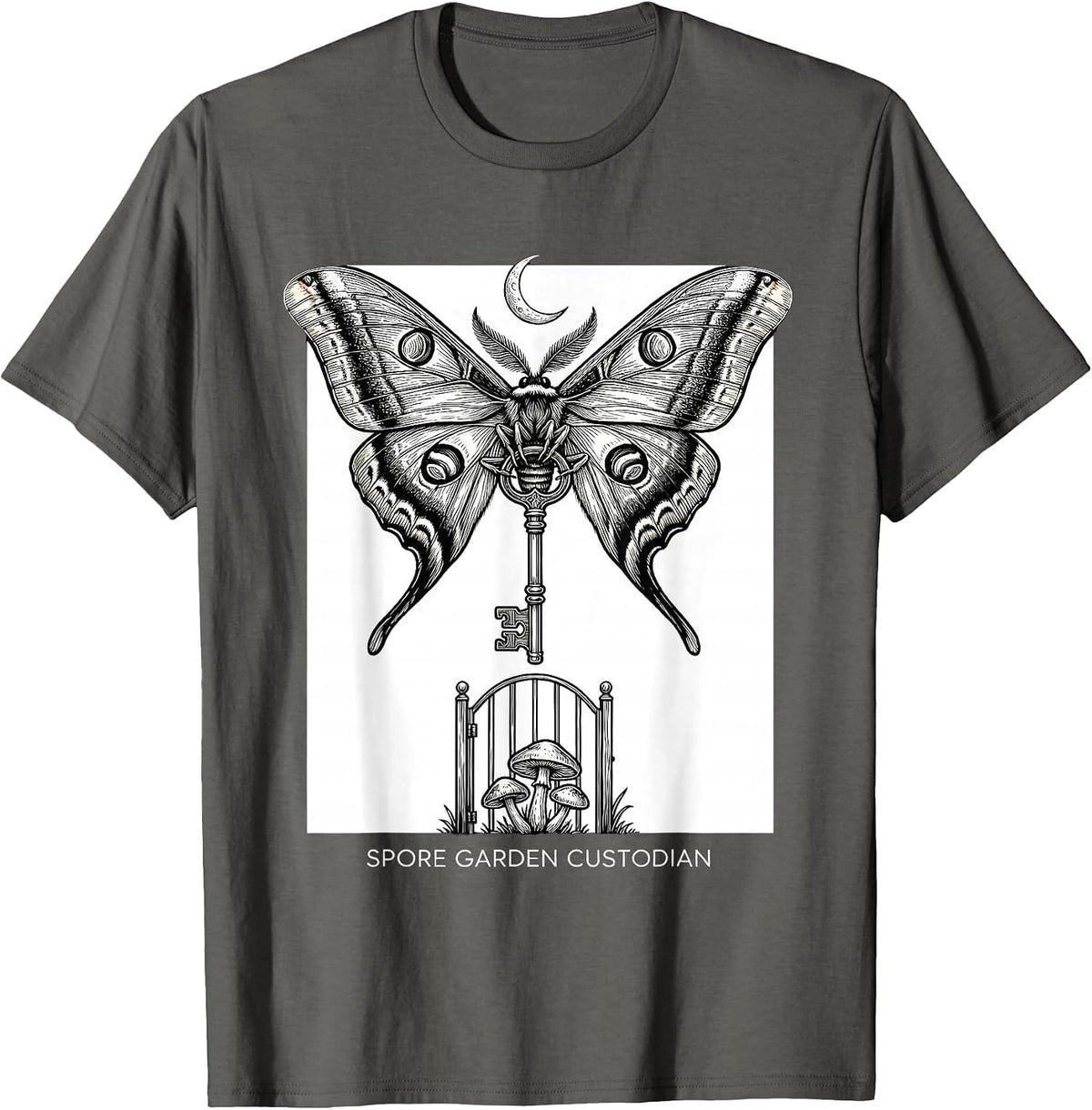 Spore Garden Custodian Fairycore Goblincore Moth Botanical T-Shirt - Asphalt Grey