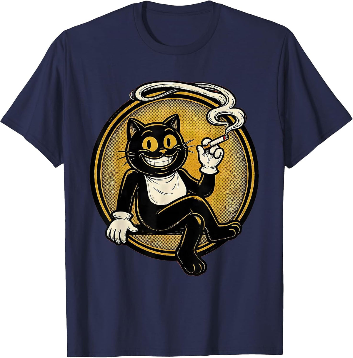 Tuxedo Cat Smoking Cigarette Smoke Ring Art T-Shirt - Navy Blue