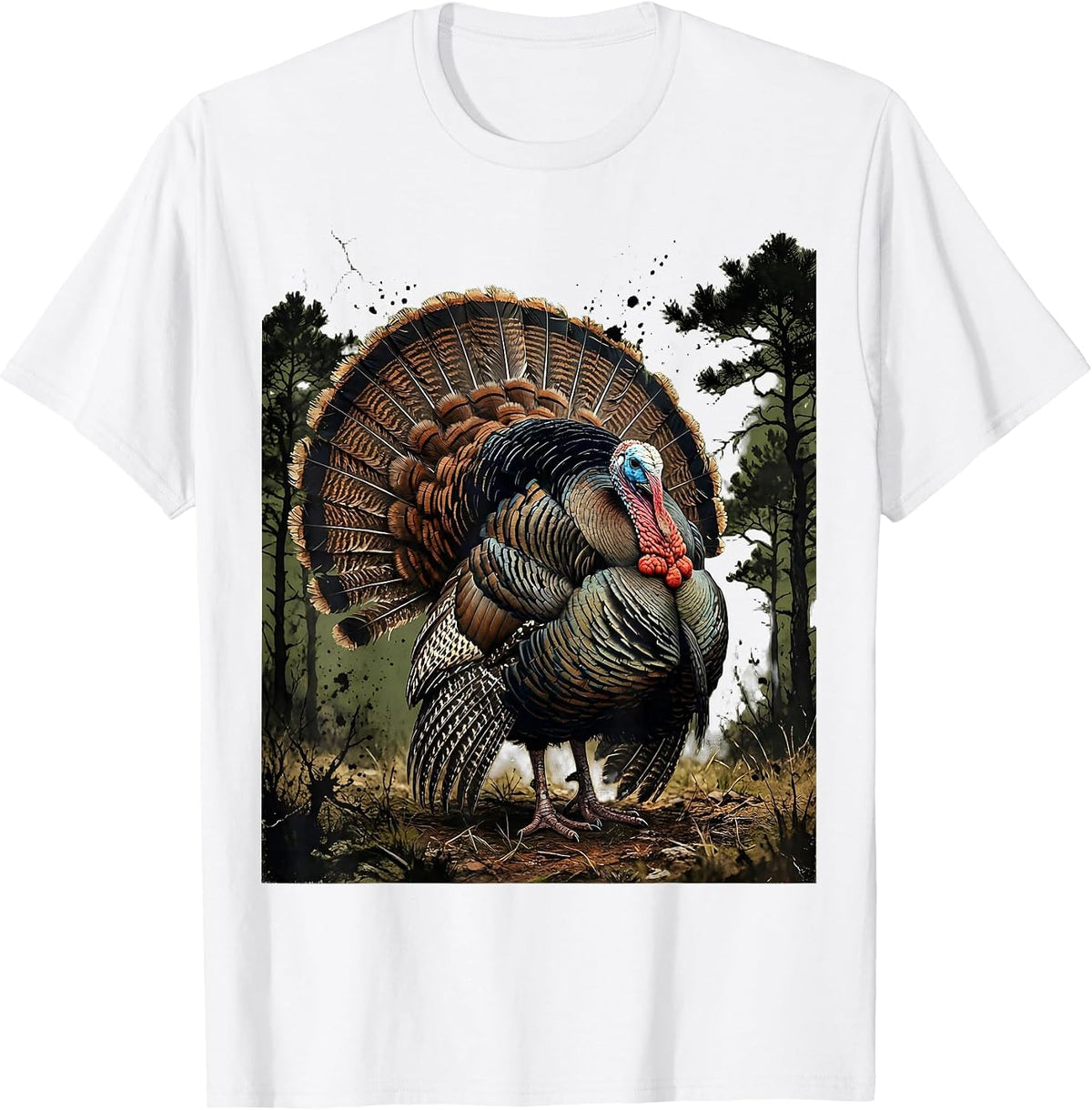 Men's Turkey Feathers Fanned in Forest Clearing Art T-Shirt - White