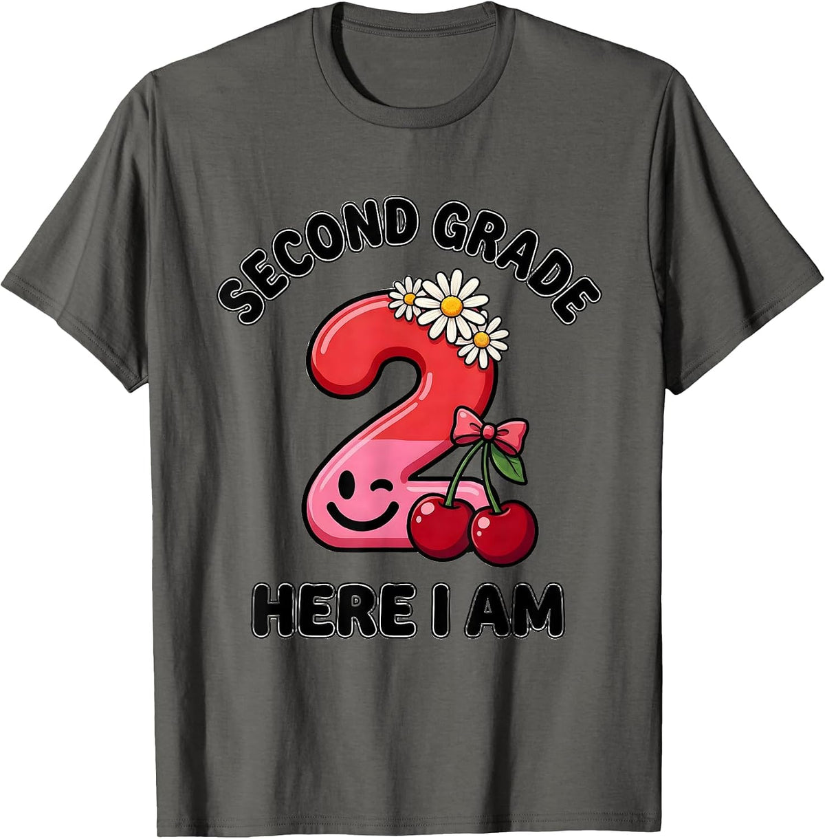 Second Grade Here I Am Retro Daisy Cherry First Day School T-Shirt - Asphalt Grey
