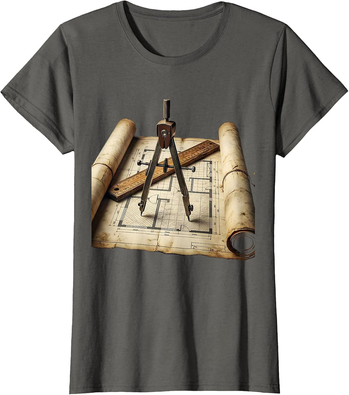 Women's Blueprint Illustration Ruler and Compass Graphic T-Shirt - Asphalt Grey